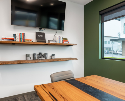 Campbell Spellicy Engineering, Inc Office Sinker Cypress Wood Live Edge Shelves